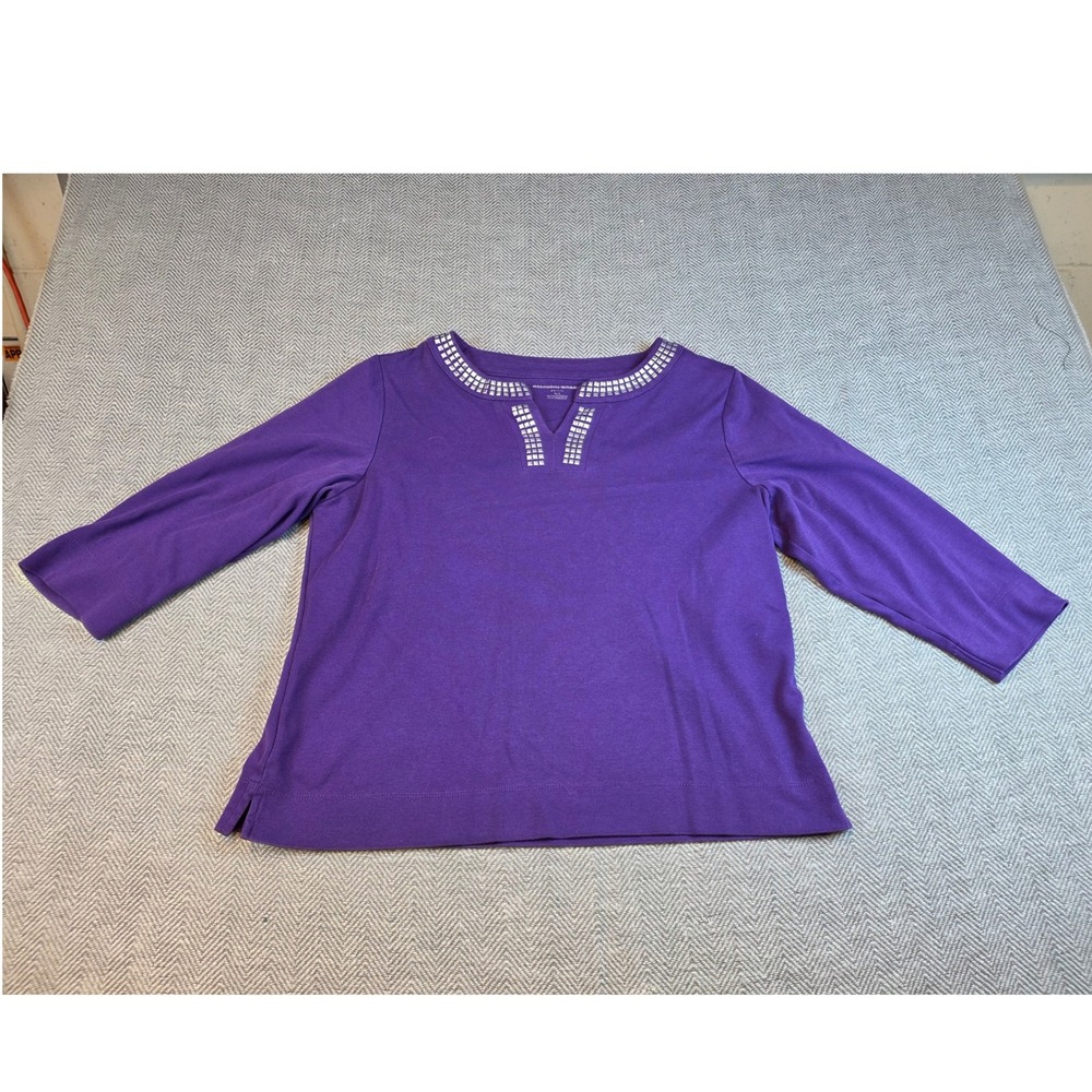 Allison Daley Petite Purple Studded Split Neck 3/4 Sleeve Knit Top PL - Picture 8 of 11